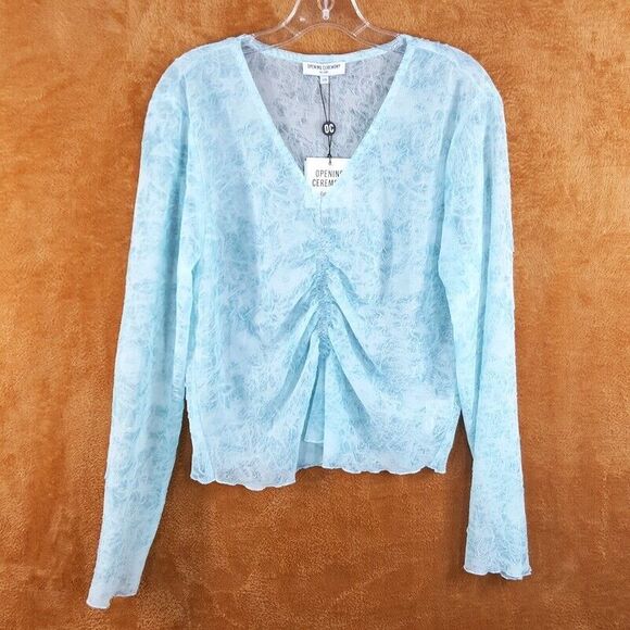 OPENING CEREMONY Womens Top Large Blue Pullover Vneck Crinkle Sheer Cinched Knit - Picture 1 of 8